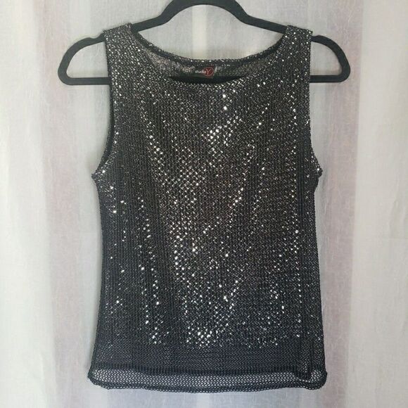 Studio Y Black Sequin Tank Top Y2K Fairy Grunge Whimsigoth Emo Punk Women Size L - Picture 1 of 11